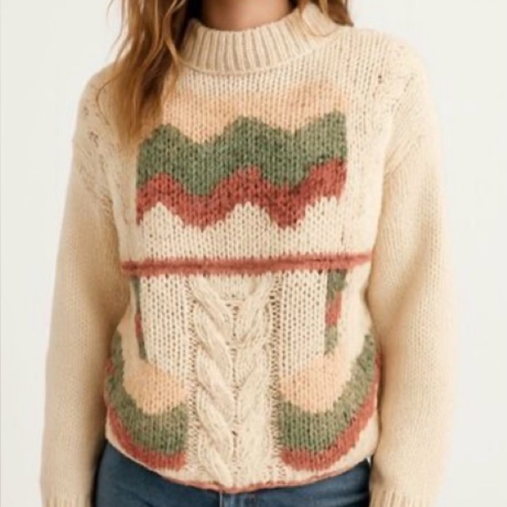 Bramble Lane Sz M Hand Knitted Cable Knit Sweater Coral w/ Green & Rust Accents